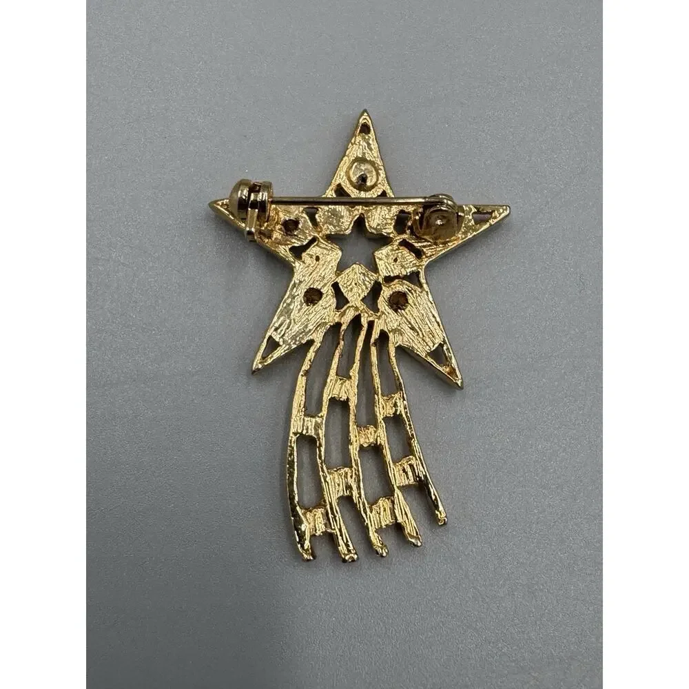 Gold Colored Shooting Star W/ Rhinestones Lapel Pin Brooch